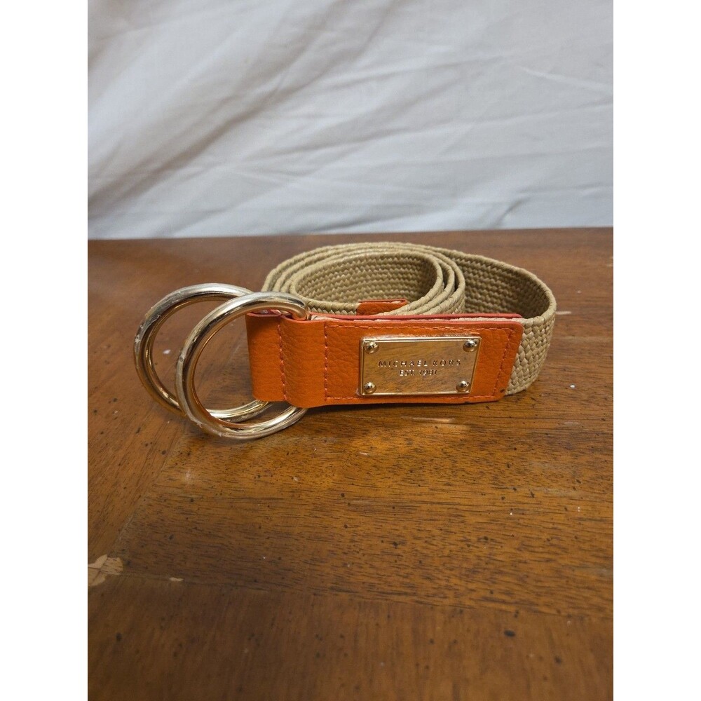 Michael Kors Stretch Tan Straw & Orange Leather Women’s Belt Adjustable Size S/M